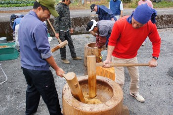 栃の実とモチ米を杵でこねる部会員ら