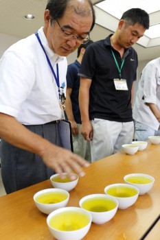 淹れたお茶の水色や味等を確認する審査員ら